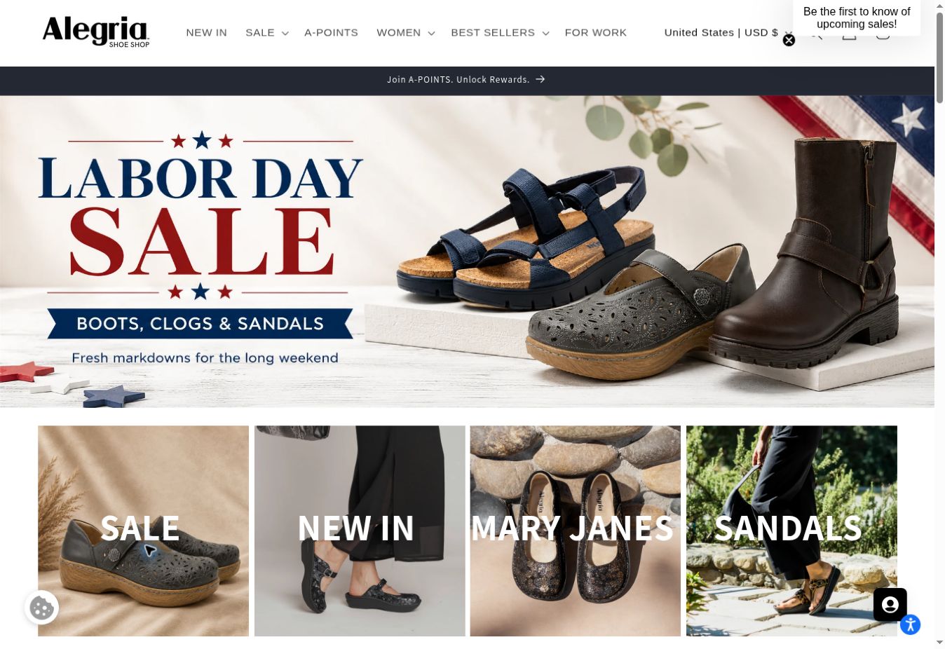 Alegria Shoe Shop website homepage preview