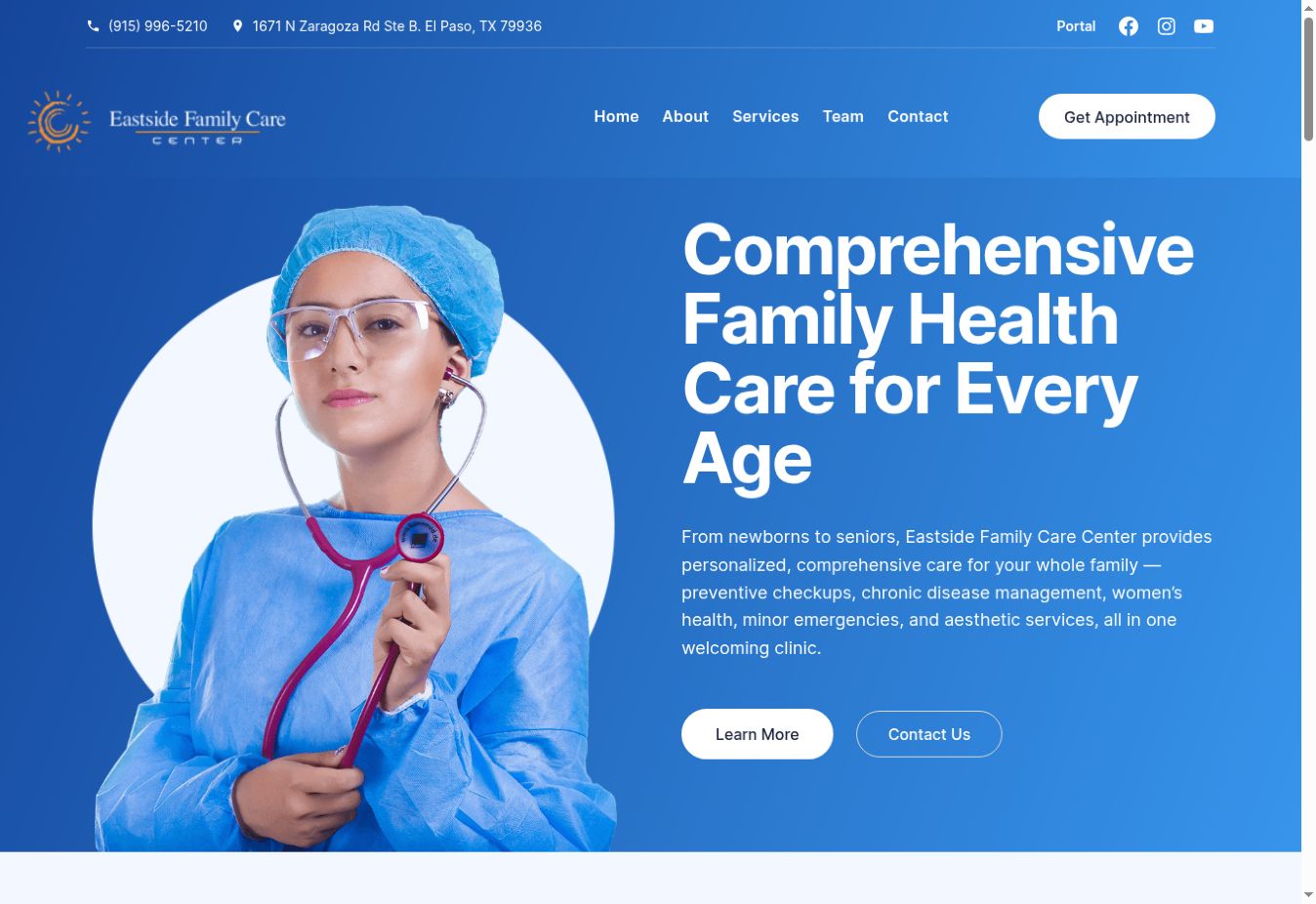 Eastside Family Care Center website homepage preview